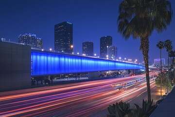 Obraz premium Night cityscape with illuminated bridge and light trails on highway.