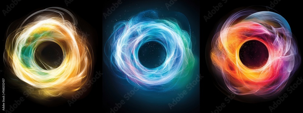 Poster dynamic abstract swirls of color representing energy, movement, and transformation in a triptych for