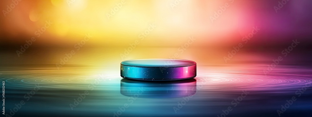 Poster a vibrant and reflective circular object surrounded by a colorful, swirling light effect on a tranqu