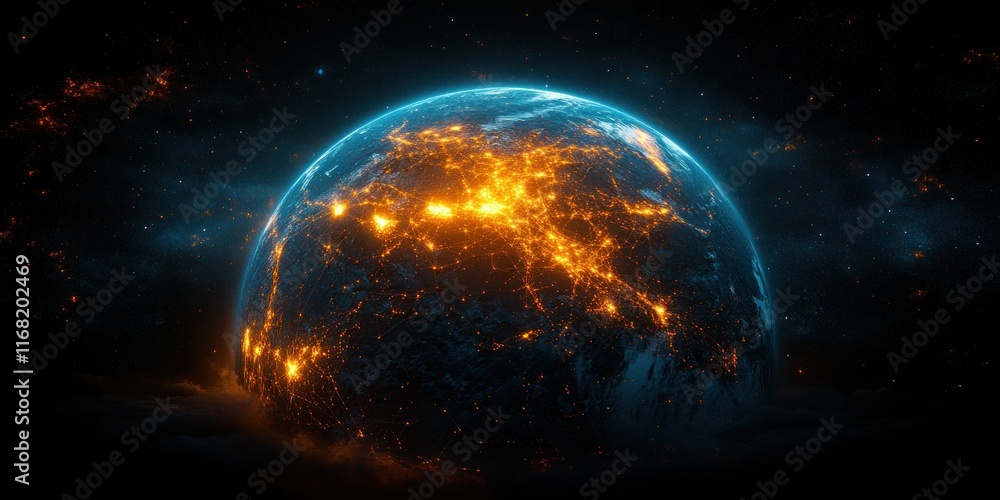 Poster futuristic 3d map of europe highlighting global connectivity data transfer technology and cyber comm