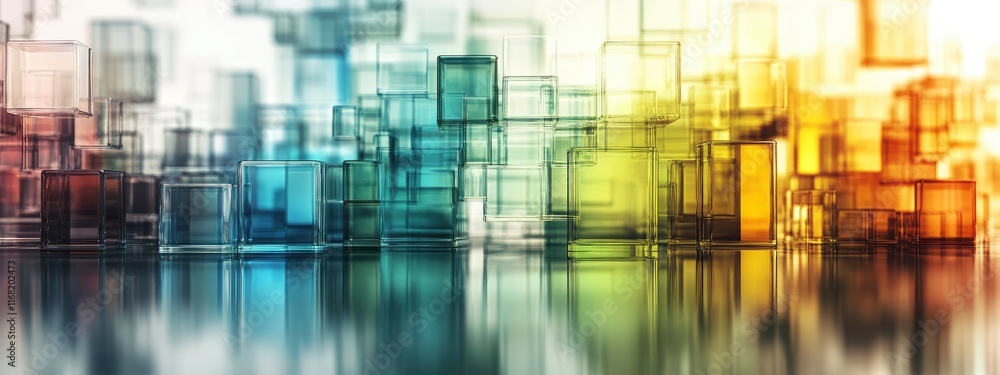 Poster colorful abstract composition of translucent blocks resembling a vibrant cityscape with a reflective