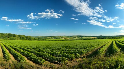Fototapeta premium Lush Green Vineyard Under a Bright Sunny Sky