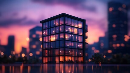 Modern office building facade with glass exterior and blurred city surroundings 