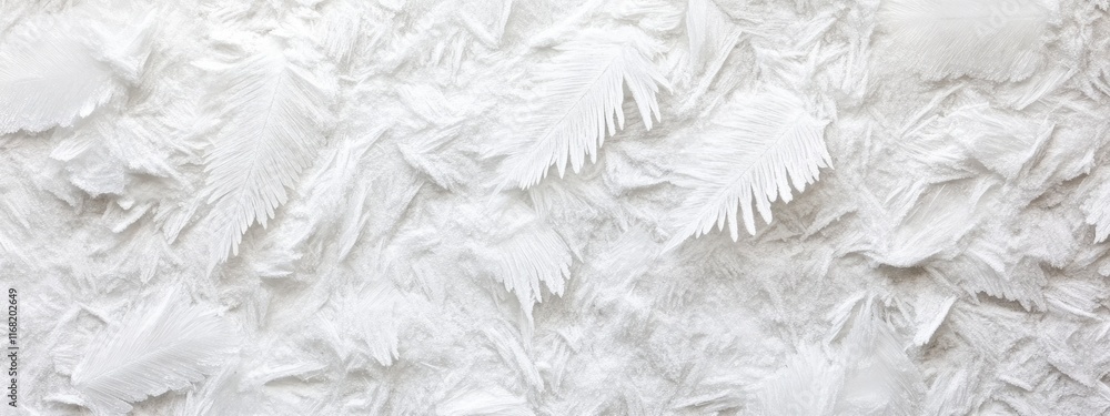 Poster textured background featuring delicate frost patterns resembling feathery leaves on a soft white sur