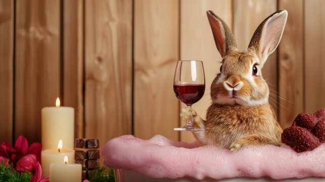 Playful Bunny Relaxing in Cozy Bathtub with Wine Glass and Candles   Domestic Pet Animal Enjoying Indulgent Moment of Tranquility and Comfort