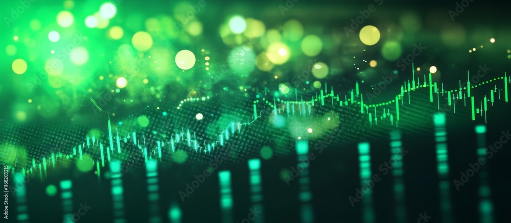 Poster abstract green bokeh background with financial chart.