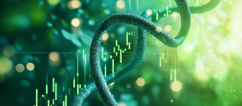 Abstract DNA helix strand with green data streams.