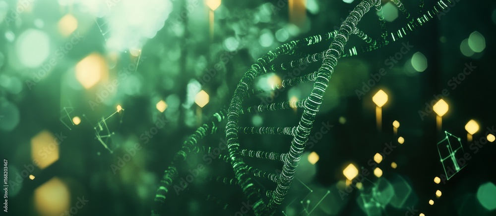 Poster abstract dna strand with glowing particles.