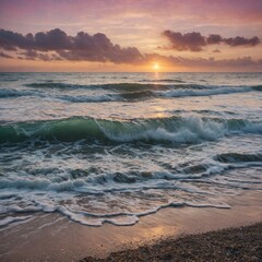 Fototapeta premium Leonardo_Kino_XL_Peaceful_Seashore_Sunrise_Waves_gently_crashi_0