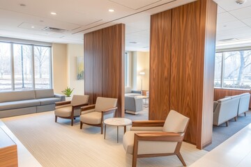 Fototapeta premium Modern Interior Design of a Comfortable Waiting Area with Stylish Furniture and Natural Light in a Professional Setting for Relaxation and Meetings