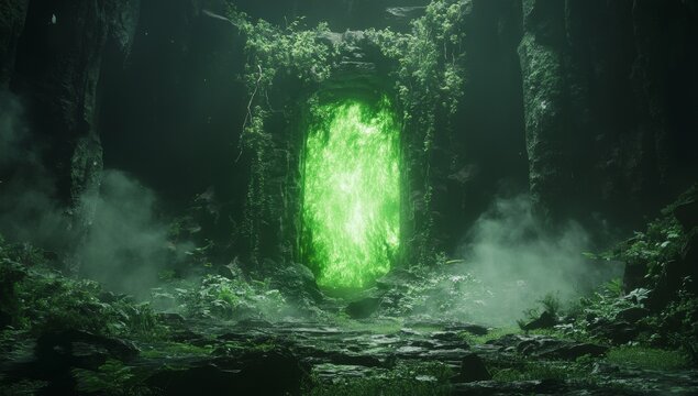 Mystical green portal in mossy cave.