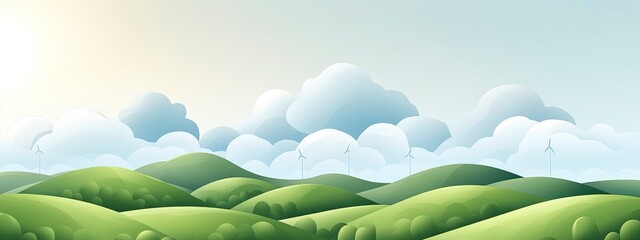 Obraz premium A serene landscape featuring rolling green hills, fluffy clouds, and wind turbines in a tranquil setting