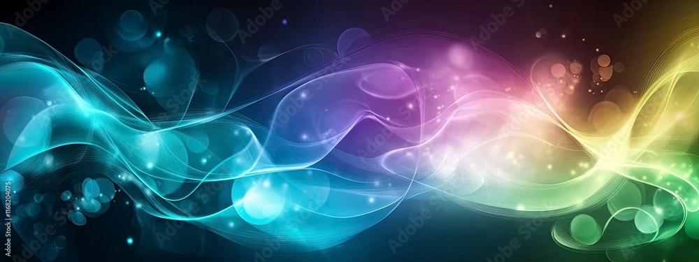 Poster abstract colorful wave design with glowing elements and soft light effects flowing across a dark bac