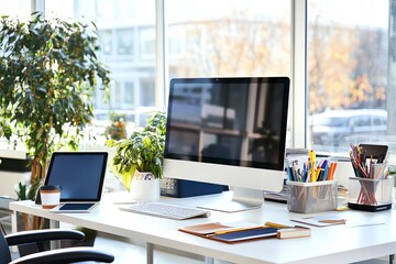 Bright Modern Workspace: Desk with Computer, Tablet, and Plants