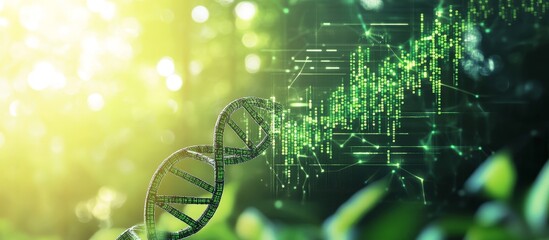DNA helix and green digital data in nature.
