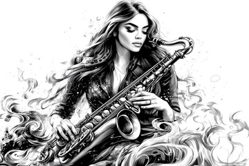 A woman is playing a saxophone. The image is black and white. The woman is wearing a black dress and is sitting on a chair. The saxophone is placed in front of her. The image has a mood of elegance