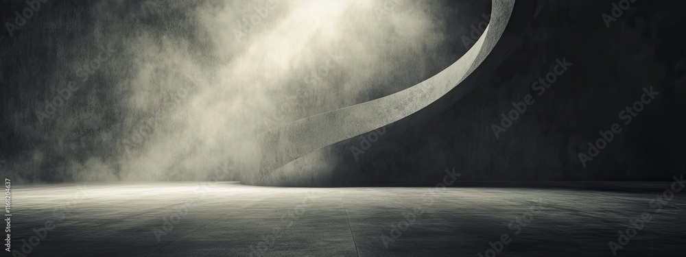 Poster a minimalist architectural interior featuring a sweeping concrete structure illuminated by soft ligh
