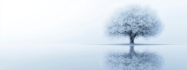 A serene winter landscape featuring a solitary snowy tree reflected on a still lake under an ethereal white sky