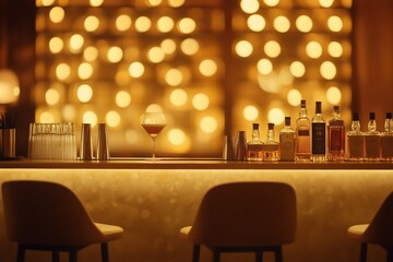 Elegant bar counter with cocktail, liquor bottles, and warm lighting.