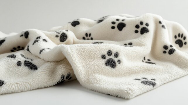 Soft Fluffy White Blanket With Paw Prints Design