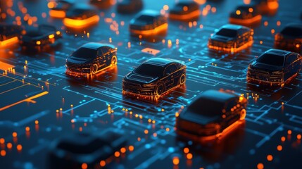 Cars as a collection of data flow points concept of electronic circuits network connected to other vehicles, this technology is still in the development stage of renewable