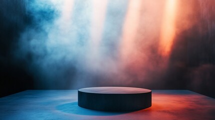 Dark studio with smoky atmosphere, illuminated by blue and orange lights, featuring a circular pedestal.