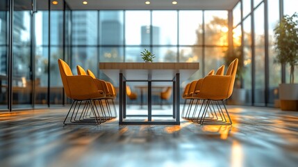 Modern Office Interior Design: Minimalist Meeting Room with Yellow Chairs and City View