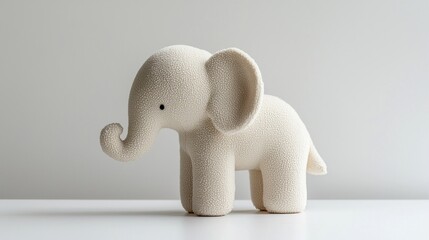 A cream colored plush elephant toy stands on a white surface