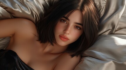 Obraz premium Relaxing portrait of a young woman cozy bedroom photography soft lighting close-up serenity