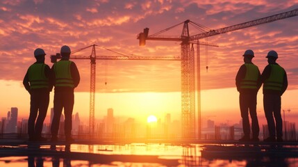 Construction workers overlooking urban site at sunset industrial scene city skyline business perspective