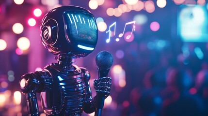 Robot singing on stage with neon lights, Generative AI