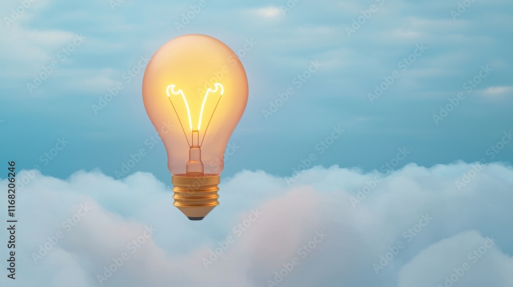 Poster a surreal scene of a giant lightbulb floating above a city, casting an ethereal glow on the building