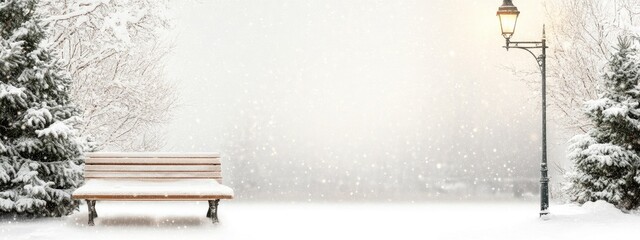 A peaceful winter scene depicting a wooden bench covered in snow beside a vintage lamp post amidst a snowy landscape