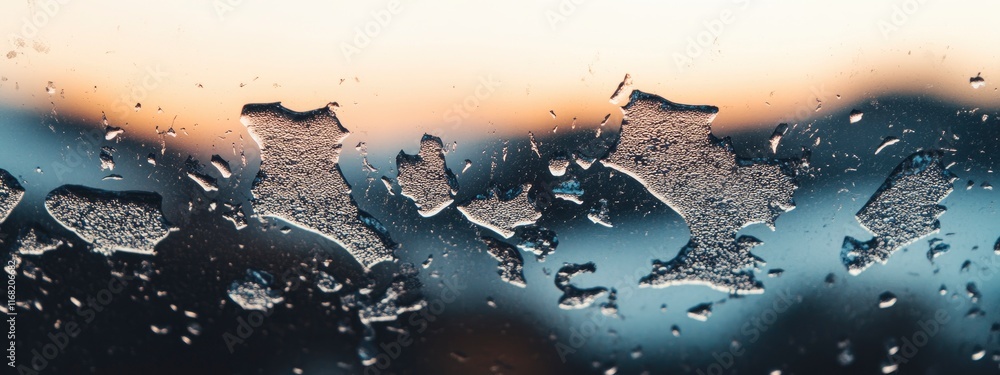 Poster melting ice patterns on a windowpane at sunset revealing a gradient background of soft blues and war