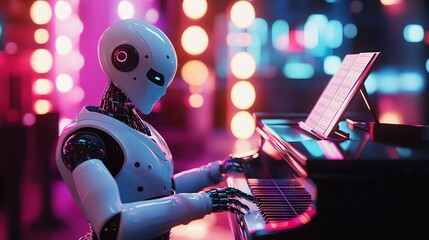 "AI Robot Playing Grand Piano in Vibrant Futuristic Environment, Generative AI