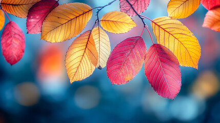 Fototapeta premium Autumn leaves in vibrant colors create a blurred, chaotic nature background showcasing the beauty and impermanence of fall through soft focus and rich hues