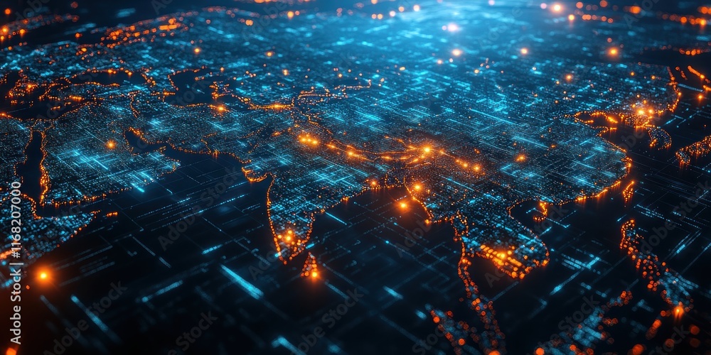 Poster futuristic digital map of asia with global connectivity data streams and cyber technology