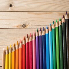 Naklejka premium Colored pencils on a wooden background