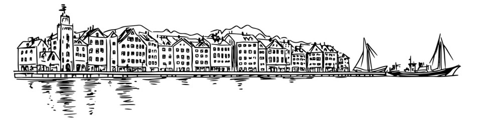 harbor town with historic buildings and sailing ships, black vector sketch illustration © Kaz