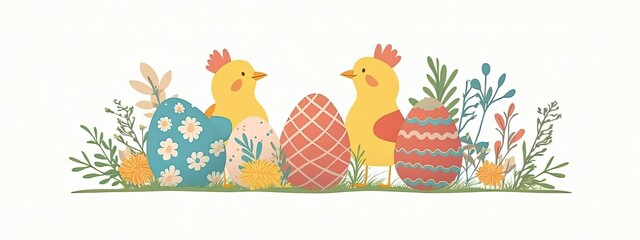 Obraz premium Colorful Easter decoration featuring playful chicks and beautifully designed eggs surrounded by spring flowers and greenery.
