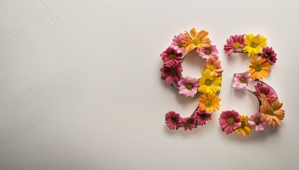 Number 93 with flowers on light backdrop, copy space. Generated image