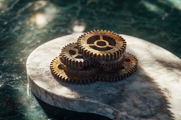 Rusty gears stacked on a marble surface, bathed in sunlight, suggesting concepts of time, mechanics, and industry.
