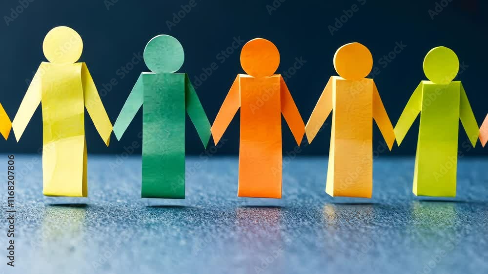 Aufkleber colorful paper figures holding hands on a vibrant surface in unity and connection