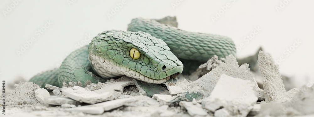 Poster a realistic green snake blending seamlessly into a fragmented plaster environment, showcasing textur