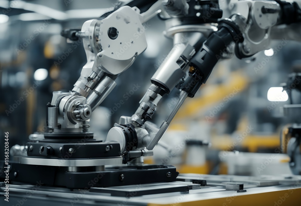 Poster automatic robotic industrial modern machines process factory advanced arm using production