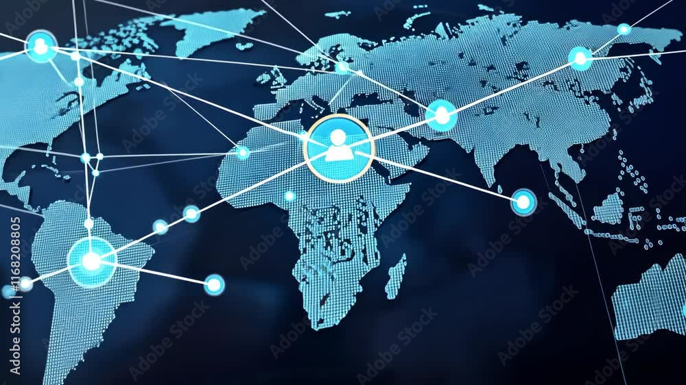Poster global network connections with digital world map and social icons displayed