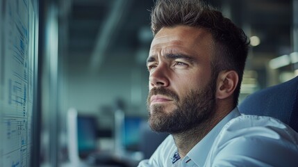 Focused professional analyzing data in modern office environment close-up perspective business concept