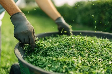 Vibrant Green Grass Clippings in Wheelbarrow for Gardening Projects