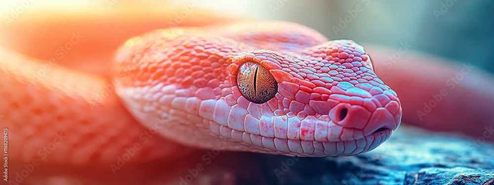 Poster close-up view of a vibrant red and white snake resting on a log with a soft, blurred background show