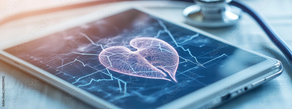 Poster digital health monitoring concept with a heart visual displayed on a tablet screen alongside a steth